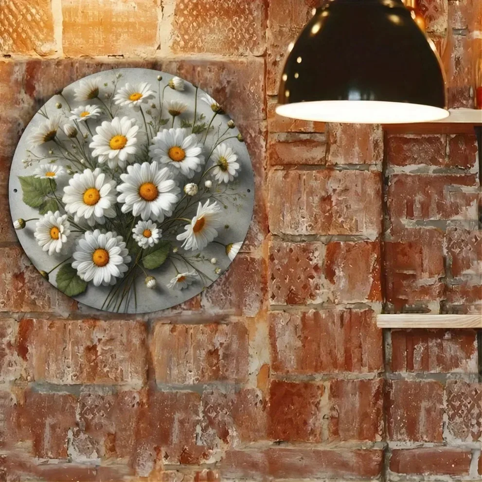 خمر ديزي إكليل علامة ريفي جولة جدار ديكور مع الأقحوان البيضاء أوراق خضراء فن المنزل