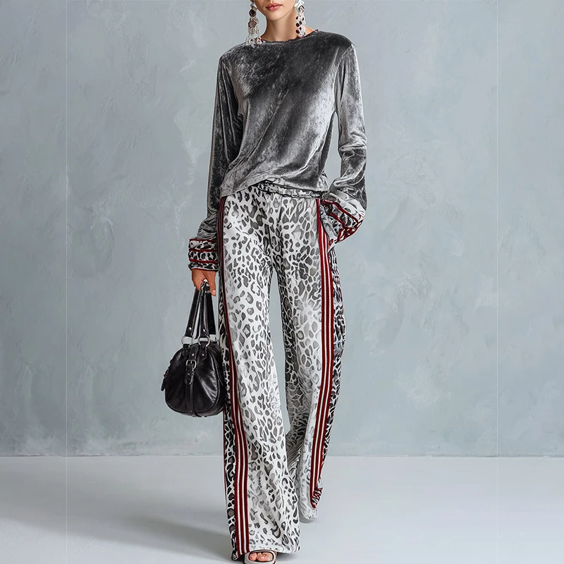 Spring Casual Outfits Female Velvet Long Sleeve Top & Leopard Print Wide Leg Pants Striped Trim Two Piece Set Women Matching Set