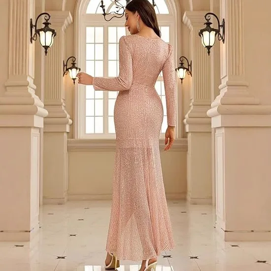 Elegante vestido de fiesta de sirena Sparkle & Shine, manga larga, cuello en V, lentejuelas, longitud hasta el tobillo dividida, vestido de noche Formal 2025 personalizado gratis