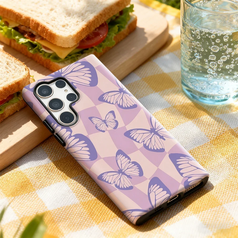 حافظة هاتف على شكل فراشات أرجوانية لهاتف سامسونج جالاكسي S25 Ultra S24 S23 Ultra Plus غطاء خلفي لامع بطبقة مزدوجة #3