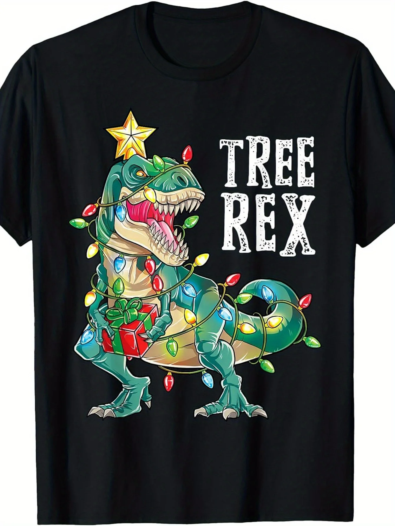 

Футболка с рисунком динозавра Дерева Рекса и рождественскими огнями, забавный праздничный подарок, хлопковая футболка с короткими рукавами унисекс