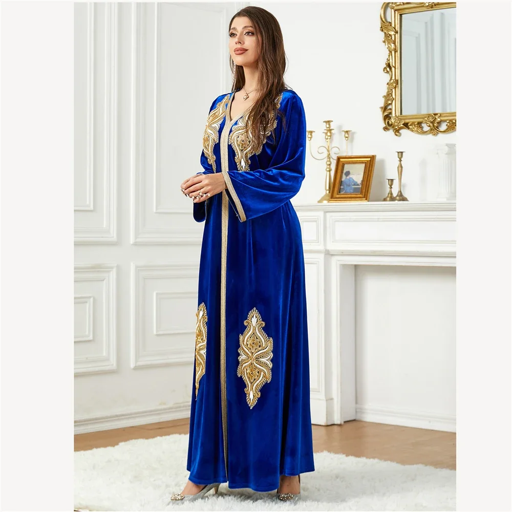 Velluto ricamato Abaya per le donne di moda musulmano inverno caldo lungo maxi abito caftano tacchino arabo caftano Dubai abiti marocchini