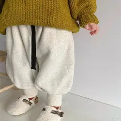 Retro Hong Kong Style Flannel Sweatpants for Korean Girls Boy Loose Leg Tied Harem Pants for Children Baby Flannel Lantern Pants