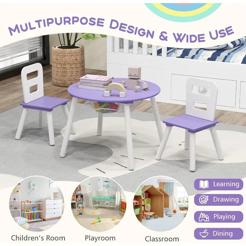 Juego de mesa y silla para niños, mesa de actividades de madera con almacenamiento de malla central, muebles para niños, regalo para niños y niñas,