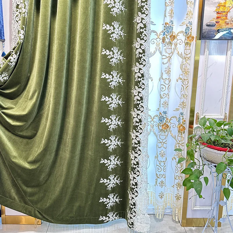 Custom Upscale American bedroom  retro olive green embroidered thick velvet cloth valance blackout curtain tulle drape C1934