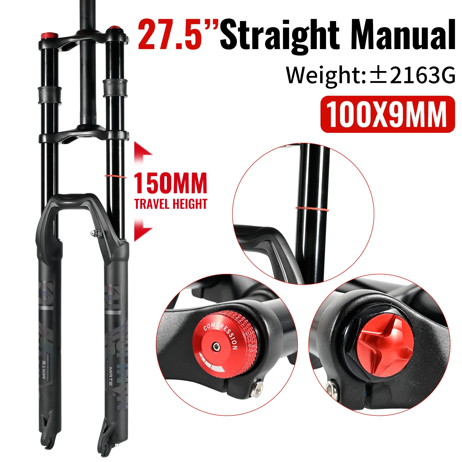 NanLio Dual Crown MTB-luchtvork 27,5/29 inch (2,5" band) - 150 mm veerweg, rebound-aanpassing, 32 mm 15/9x100 mm voor e-bike en downhill