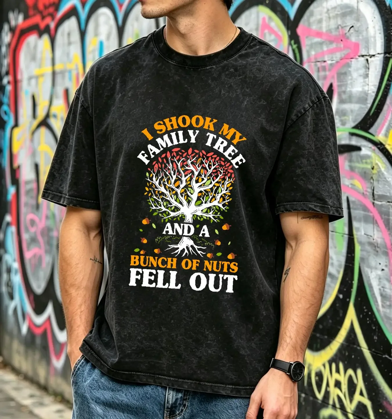 washed T Shirt Shook My Family Tree Nuts Fell Out Funny Reunion Genealogy  vintage Washed Stretched Top For Everyday Wear