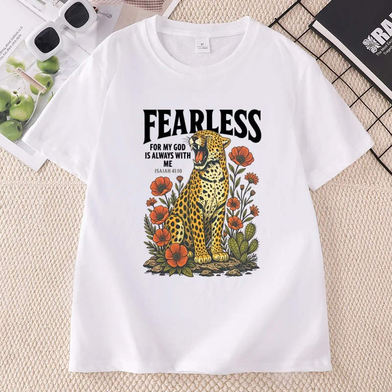 Fearless Leopard Graphic T Shirts Woman Fearless for My God Is Always with Me T-Shirt Bible Verse Floral Religious Tee Shirt