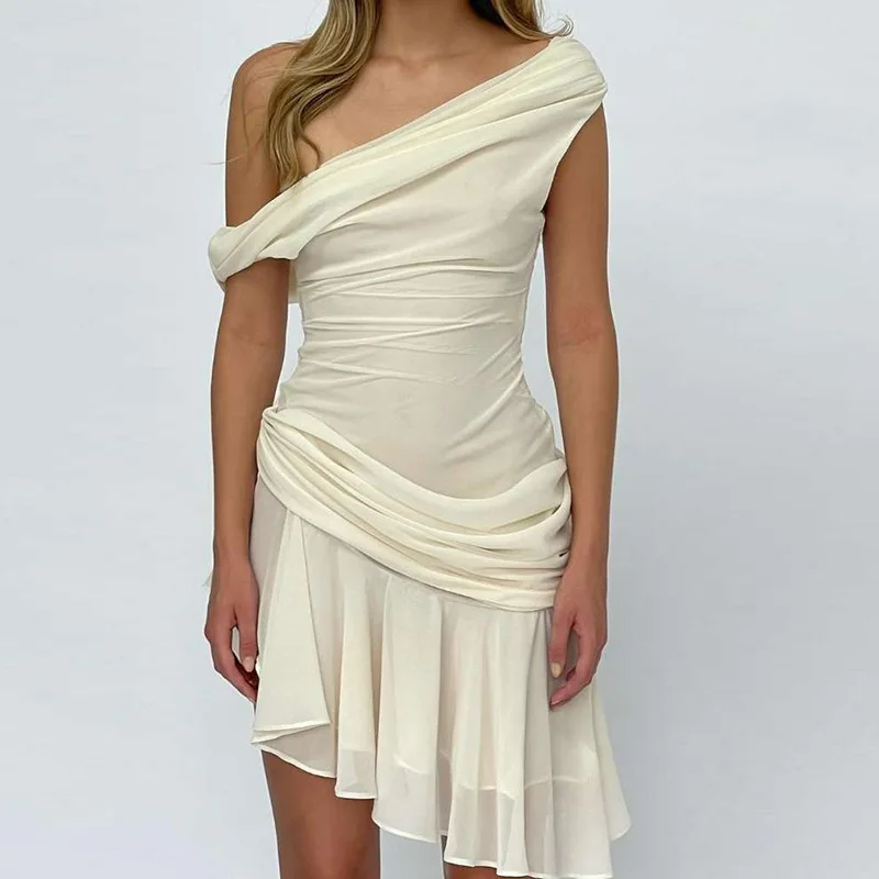 

Inclined Shoulder Dress Women Summer Sexy Patchwork Ruffles Irregular Hem Solid Tierred Drawstring Skinny Bodycon Dress