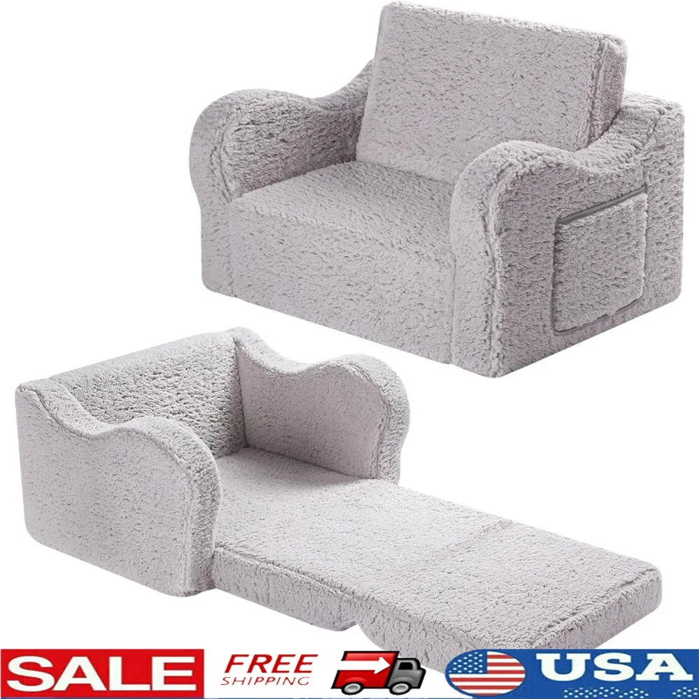 

2-in-1 Kids Sofa Chair Soft Sherpa Couch Convertible Lounger Toddlers Reading Napping Grey
