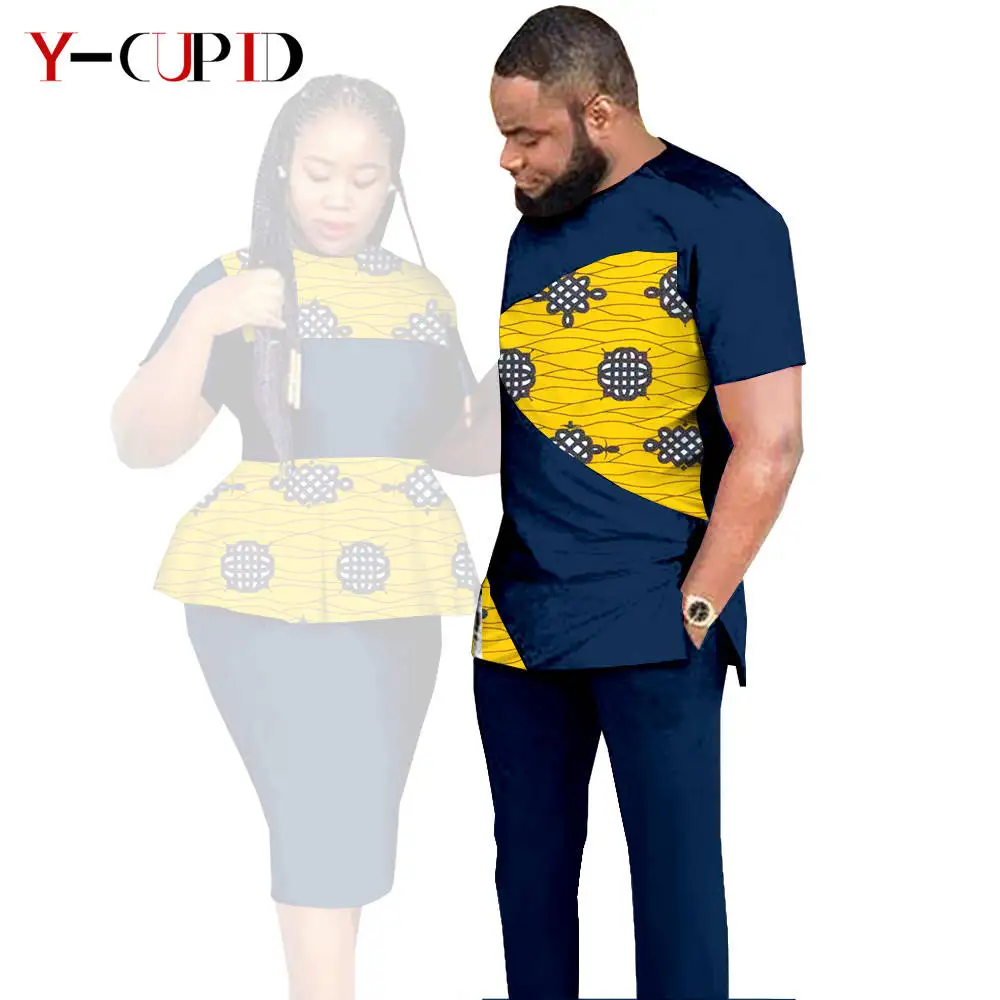 African Clothes for Couples Dashiki Women Patchwork Print Dresses Matching Men Outfit Top and Pants Sets Love Party Wear S20C010