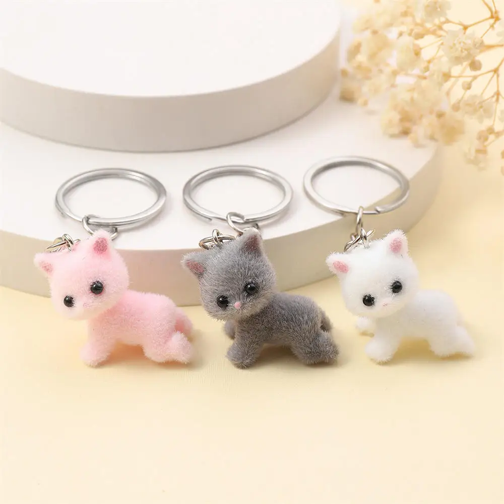 3D Cartoon Cute Cat Keychain Resin Flocking Kawaii Animal Car Key Bag Pendant Key Ring Souvenir Jewelry Gifts For Women Men