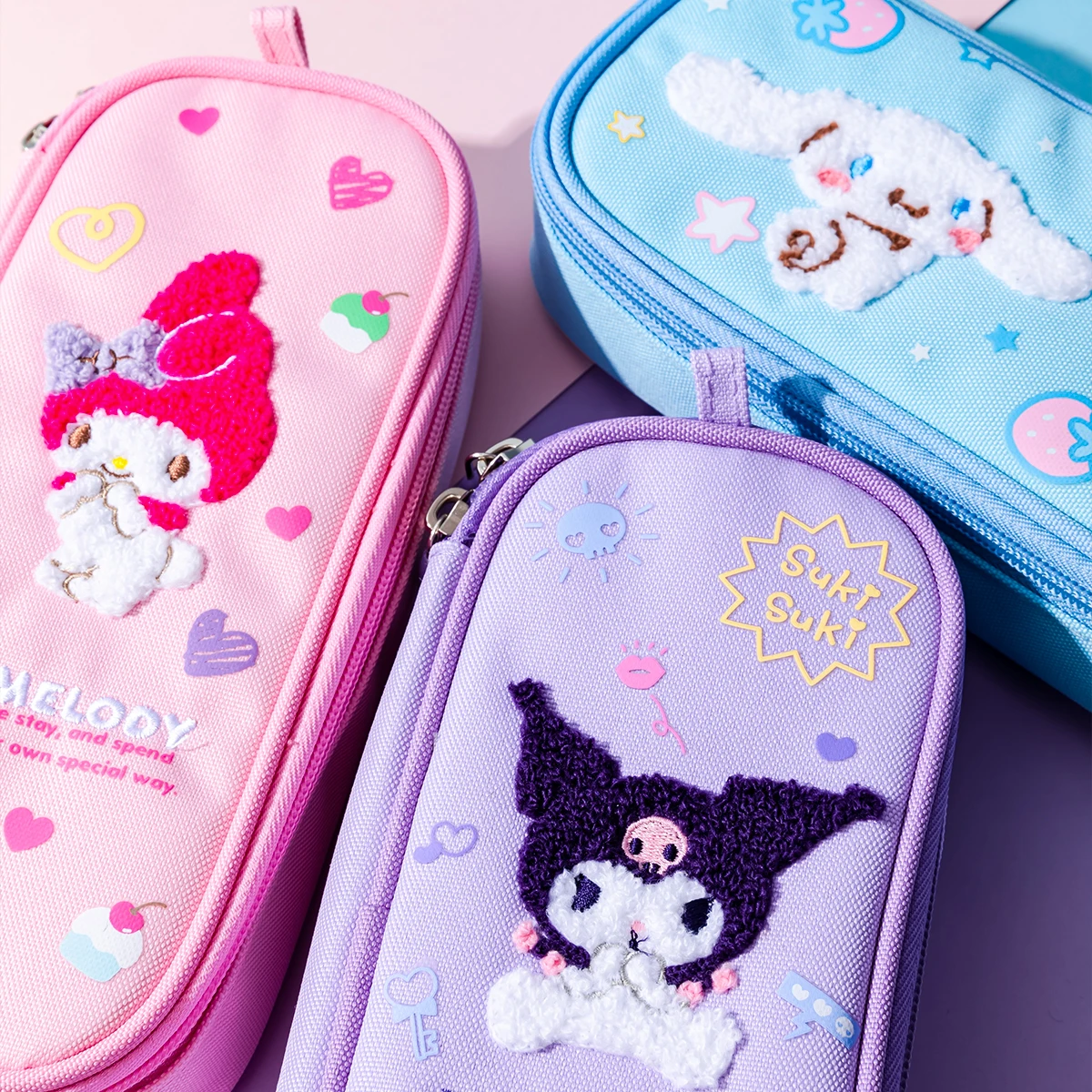 Sanrio Kawaii Student Stationary Large Capacity Pencil Box School Supplies Embroidery Pencil Case Kuromi Pen Storage Bags