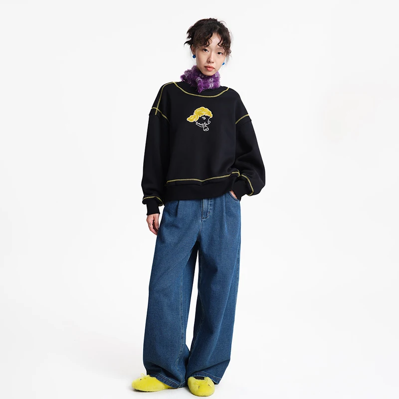 MOVEUP Long Sleeved Round Neck Sweatshirt Winter Drop Sleeves Contrasting Cartoon Sheep Embroidery Warm Women's Top 3EWD11415