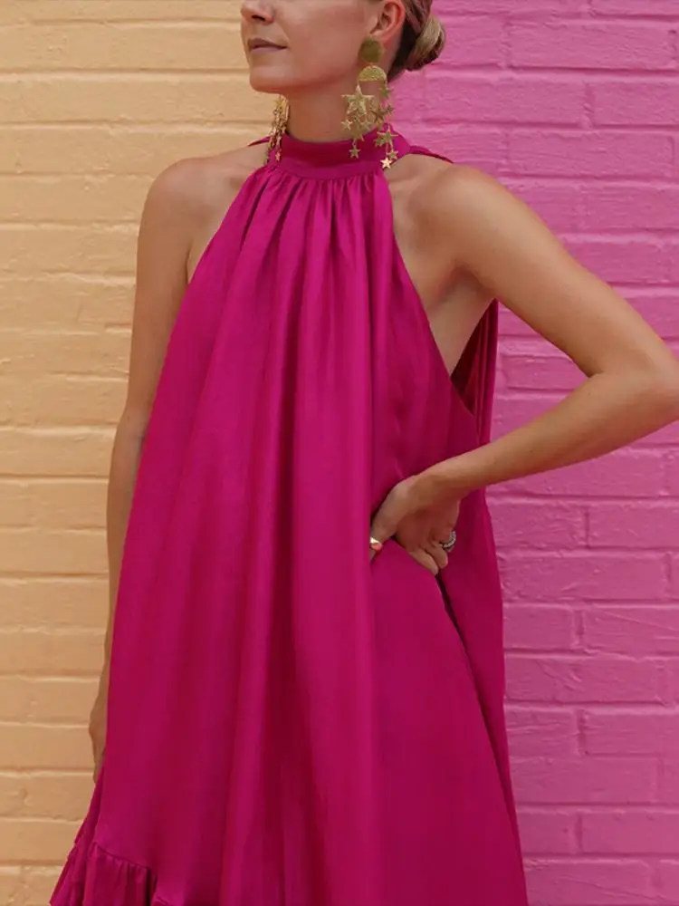Yeezzi 2025 New Fashion Elegant Party Evening Maxi Dresses For Women Summer Sleeveless Loose Stand Collar Falbala Prom Gown