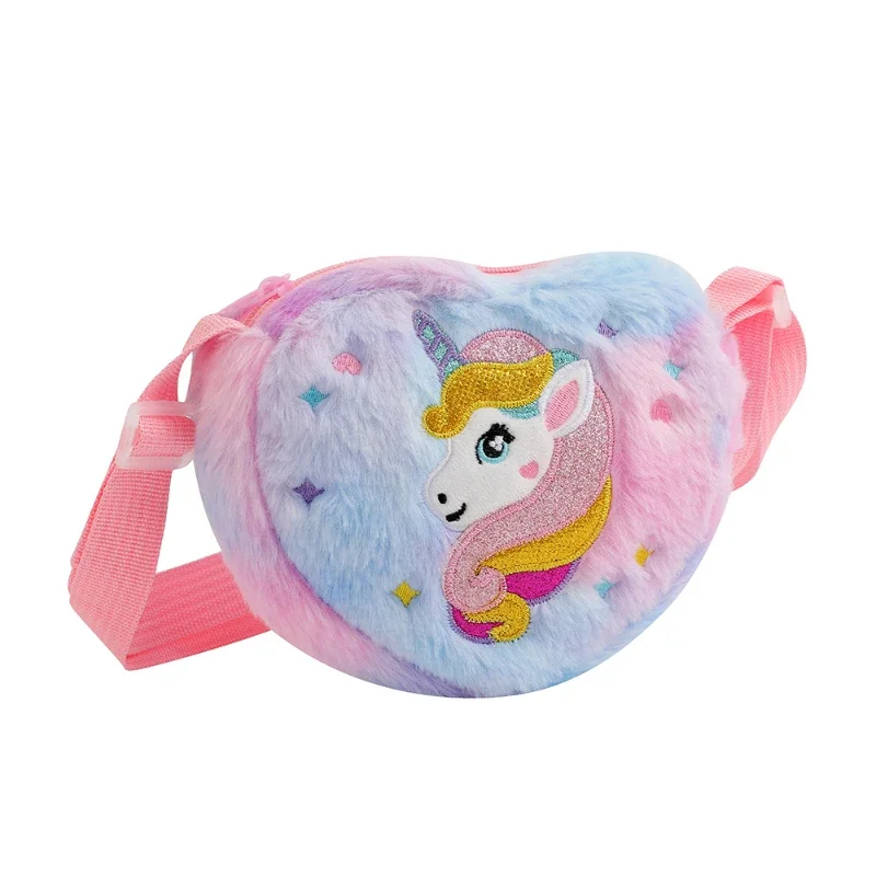 Children's Heart-shaped Unicorn Cartoon Shoulder Bag Plush Love Slant Bag Kindergarten Girls Light Cute Small Schoolbag