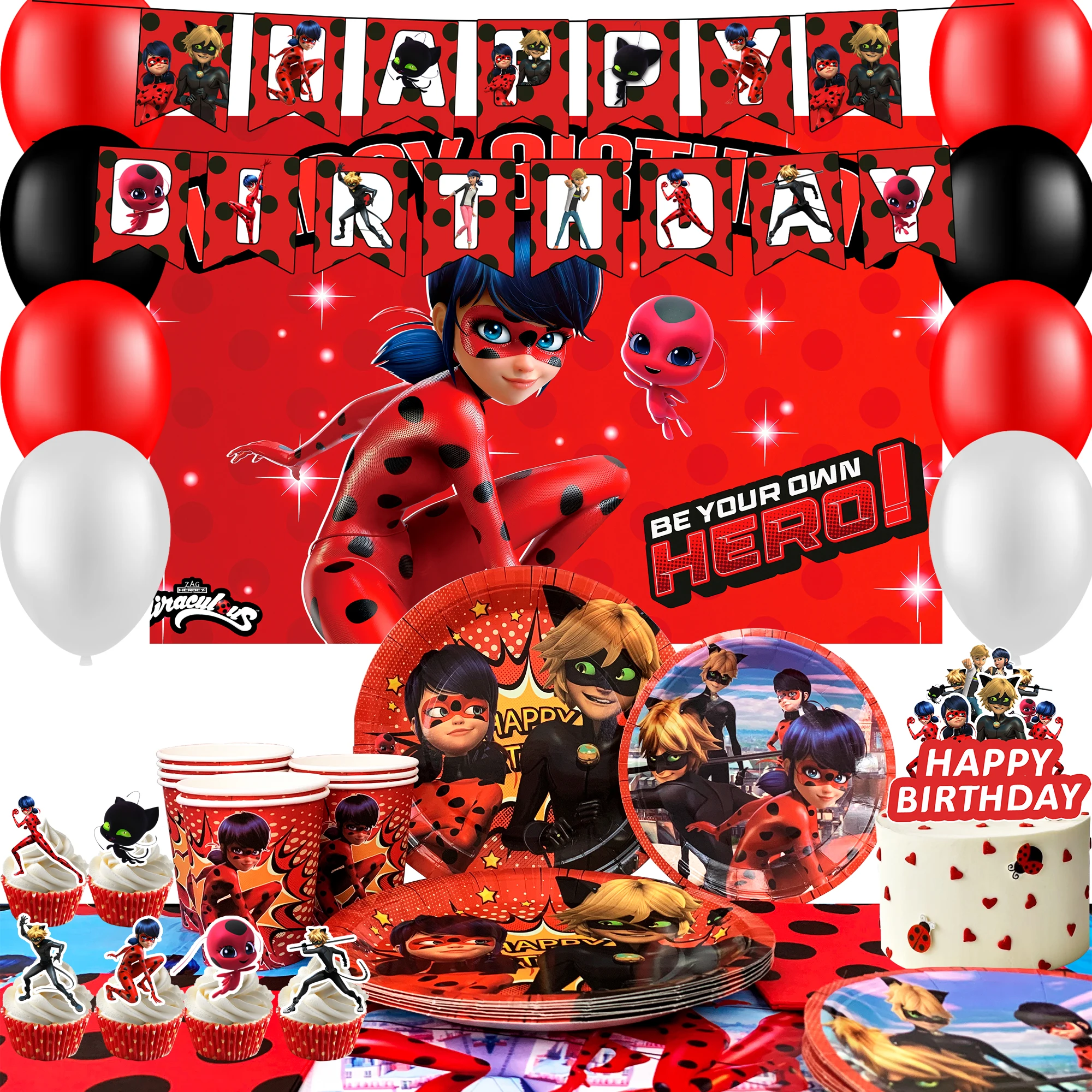98 Piezas de Artículos para Fiesta de Cumpleaños de Miraculous Ladybug - Platos, Mantel, Globos, etc. Decoraciones de Cumpleaños de Miraculous Ladybug