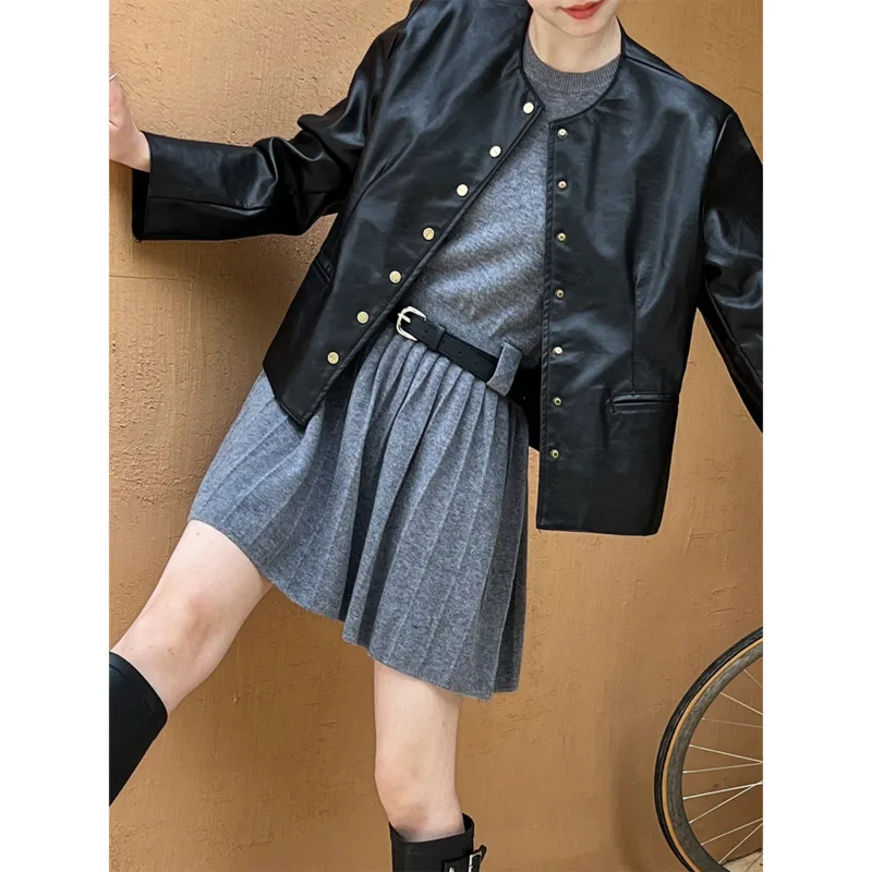 Vintage Pu Leather Short Jacket Women Autumn Korean Single Breasted Logn Sleeve Maillard Coat