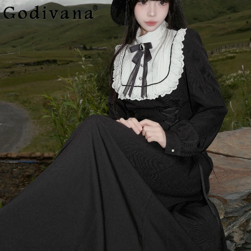 الخريف التصميم الأصلي لوليتا فستان المرأة الفرنسية الرجعية أنيقة الخصر Cinching فستان الإناث النمط الياباني الدانتيل فستان طويل