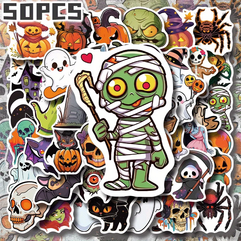 50pcs Cartoon Halloween Themed Vinyl 2D Flat Stickers Pack Non-Repeating Delicate Decoration Removable Decals Halloween Gift