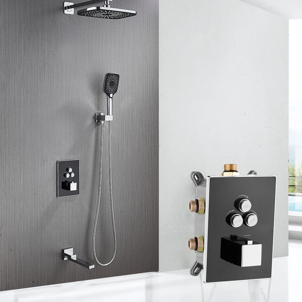 BAKALA Thermostatic Bathroom Shower Faucet Set Rainfall Waterfall Bathtub Mixer Tap Wall Mounted Button for Home Renovation