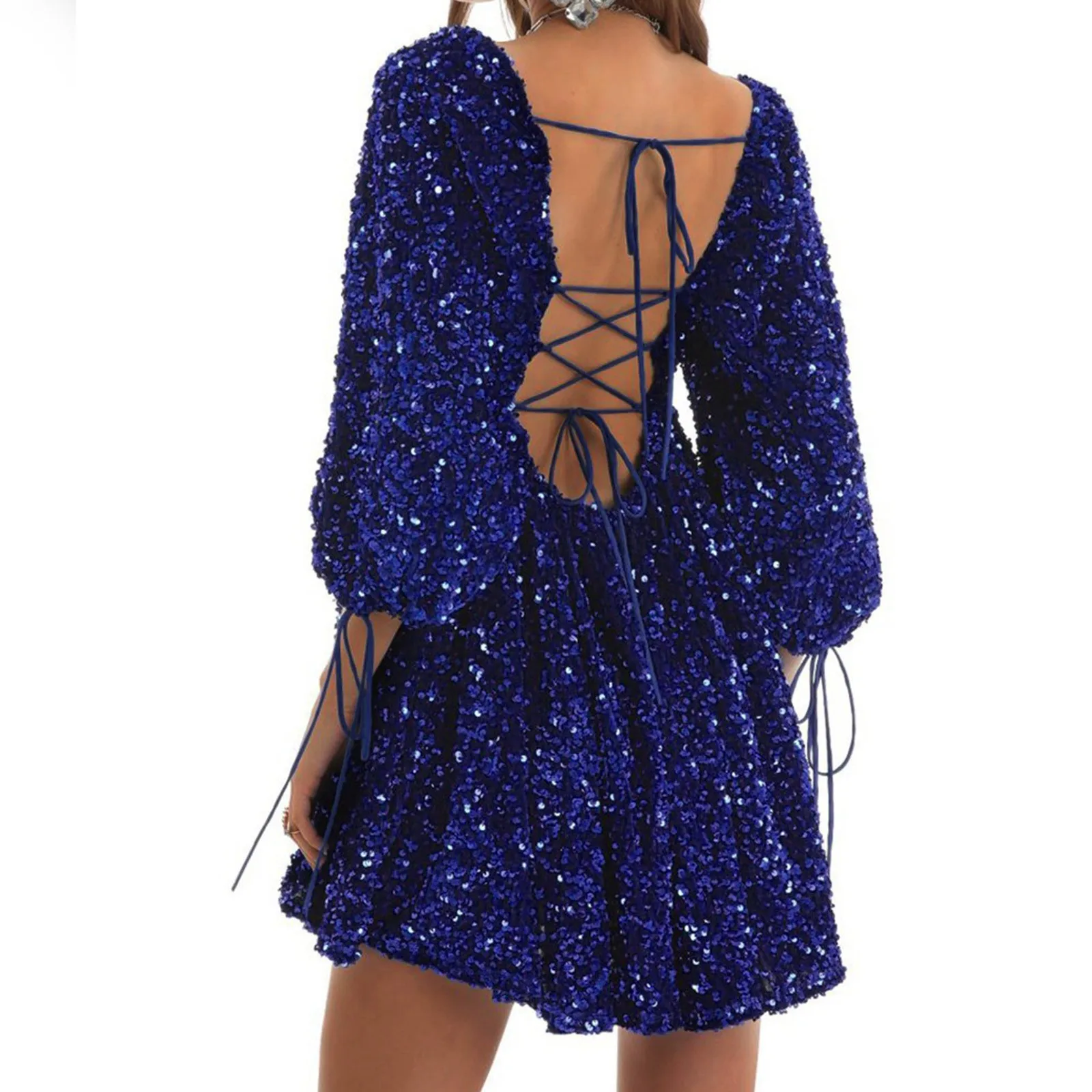 Robe à paillettes à col carré pour femmes, manches bouffantes, paillettes scintillantes, dos nu élégant, mini robe de soirée sexy, vêtements d'interdiction