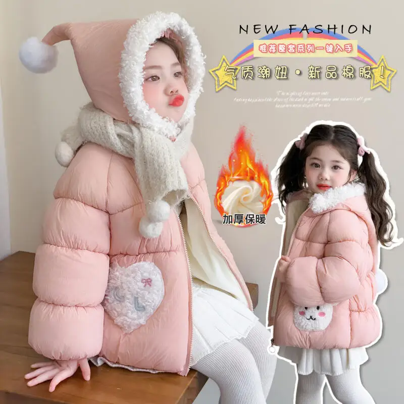 

Christmas Girls' Kawaii Thick Cotton Jacket Winter 2025 New Korean Cartoon Anime Warm Hooded Coat Fashion Sweet Comfort Clothing
