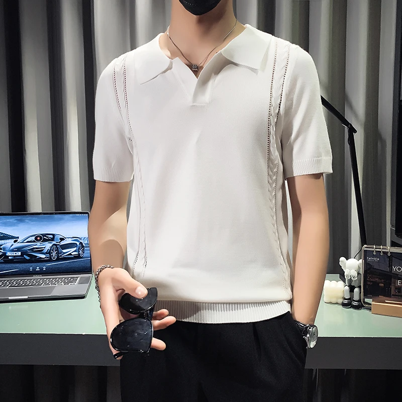 

Men's Knitted Ice Silk ort Sve irt Summer Thin High-End Busin Casual Collar T-irt Korean Sle Body irt