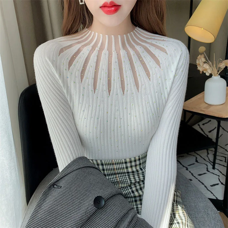 2025 New Women's Base Shirt Lace Slim-fit Hot Drilling All-match Mesh Sexy Elegant Knitted Sweater Pullover Elastic White