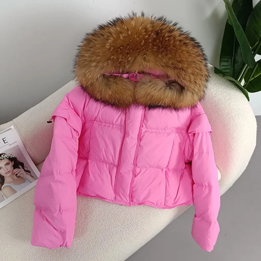 Autumn Winter Women Real Raccoon Fur Collar Hooded Detachable Sleeve Jacket Duck Down Loose Fashionable Streetwear Outerwear