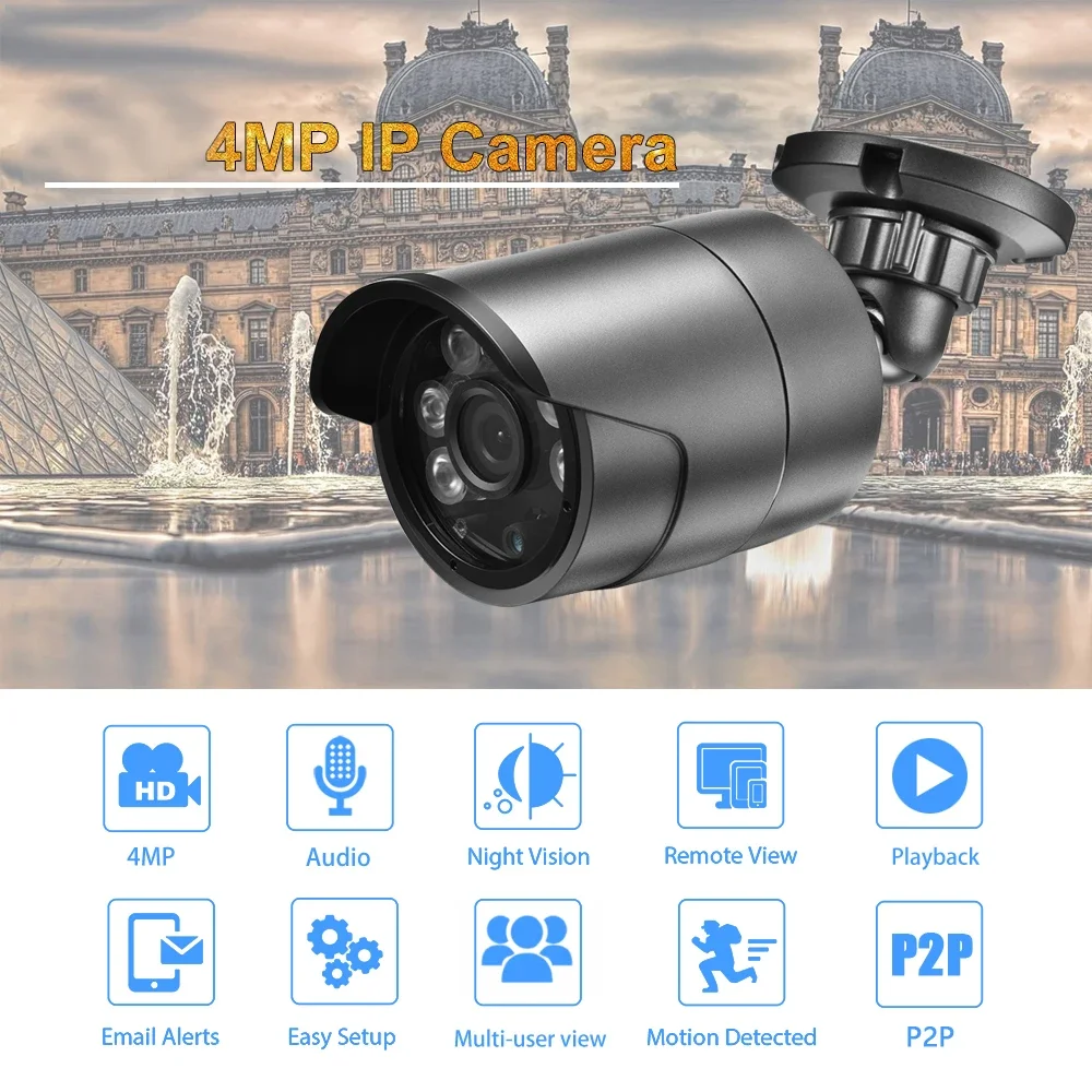 AZISHN H.265+ Metal IP Camera 25FPS 4MP FULL HD 2560*1440 25fps 6Array IR  Face Detection IP66 Outdoor XMEye CCTV Camera