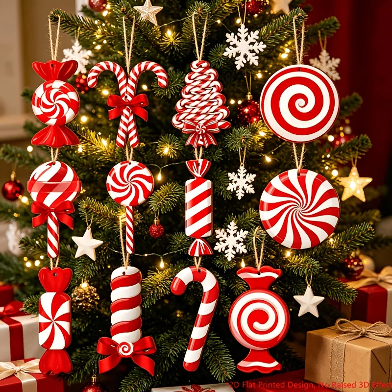 24/36 Stück Pfefferminz-Zuckerstangen-Ornamente aus Holz mit Juteseil - Rot-Weißer Muster, geeignet für Weihnachtsbaumdekorationen, Feiertage – Detail 3