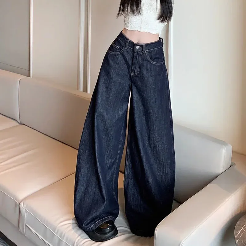 Vintage Washed Wide Leg Jeans Women Deep Blue High Waist Baggy Y2K Denim Pants Lady Streetwear Casual Straight Trousers