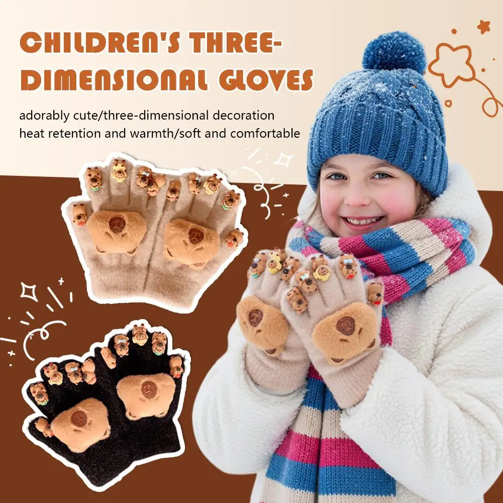 قفازات شتوية ثلاثية الأبعاد كابيبارا للأطفال من القطيفة بخمسة أصابع قفازات مقاومة للبرد في الهواء الطلق قفازات سميكة دافئة #3