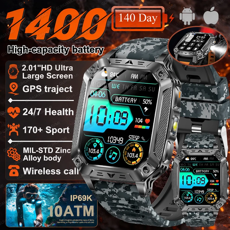 2026 Nieuwe 1400mAh Batterij Smart Watch GPS-pad Bluetooth Oproep 10ATM Waterdicht Zwemmen Sport Hardlopen Wandelen Buiten Militaire Smartwatch