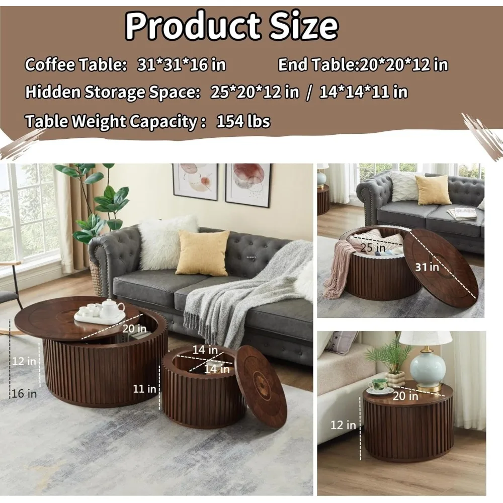 Round Coffee Table Set, Nesting Coffee Tables with Removable Lid, Mid Century Modern Wooden End Table with Large Storage Sp