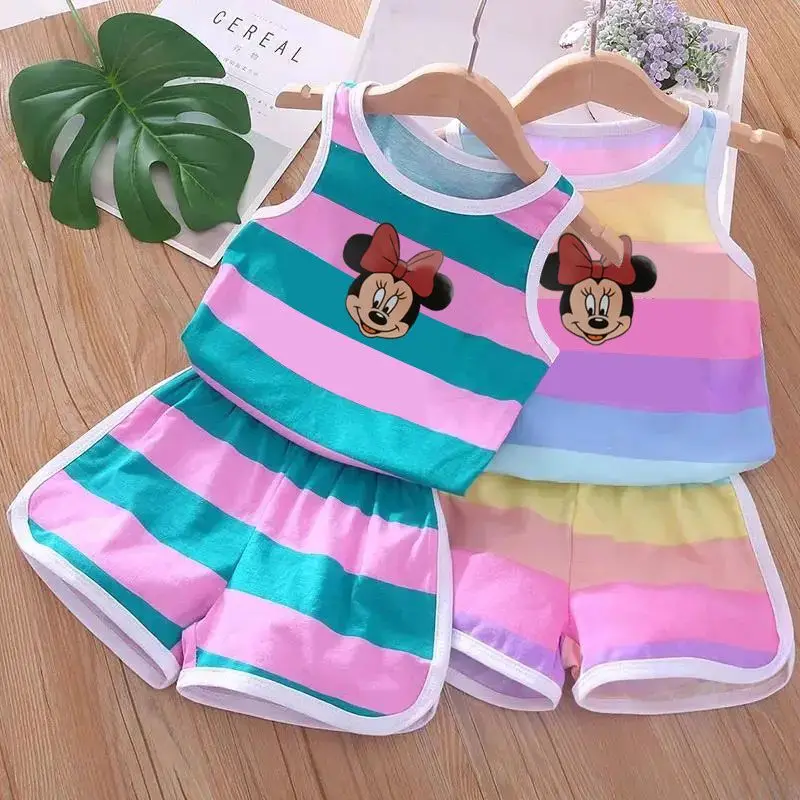 

Sanrio Kuromi Summer Baby Kids Clothes Set Cute Minnie Mickey Cartoon Girls Boys Tank Top Shorts 2 Piece Set Disney Kids Clothes