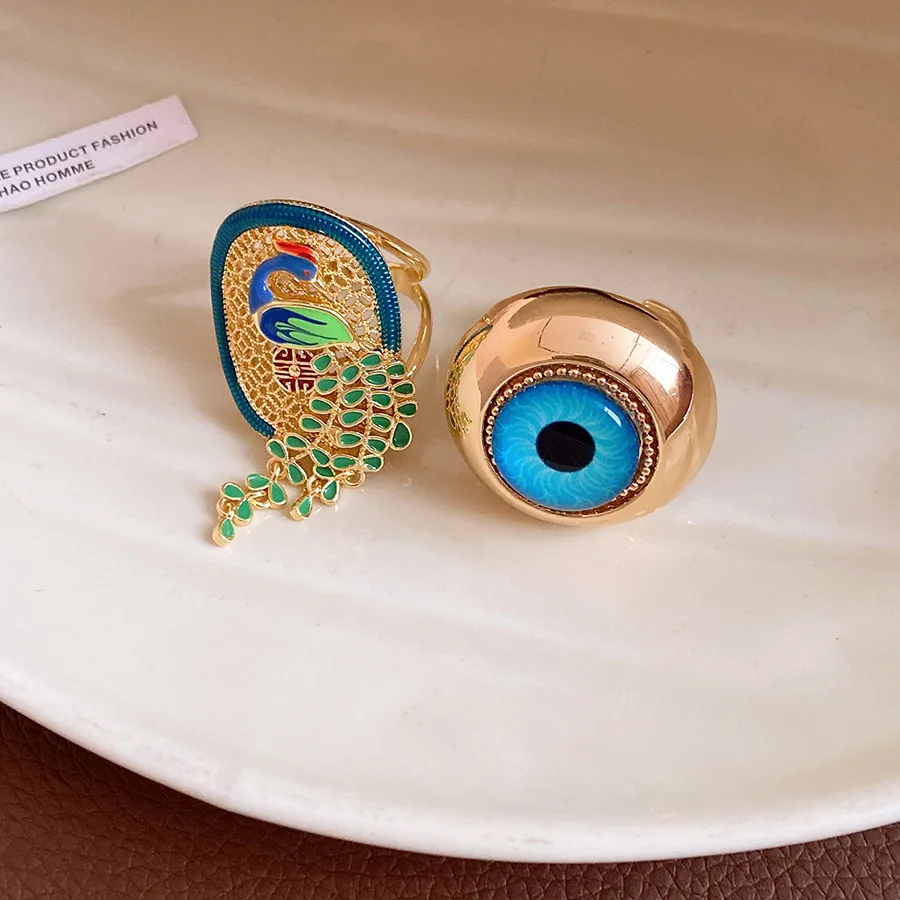 Vintage Peacock Hollow Painted Ring for Women Girls Copper Olive Leaf Tail Open Ring Jewelry