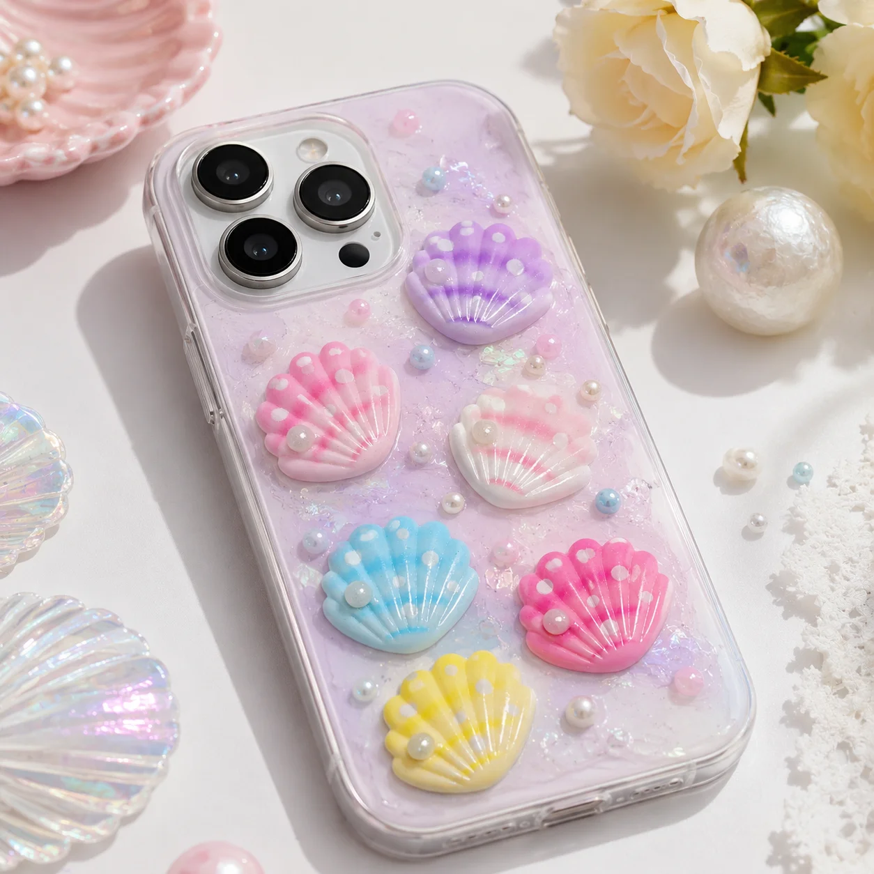 Pastel Seashell Resin Charms with Pearl Kawaii Flatback Cabochons for Slime Phone Case Hair Clip Keychain DIY Crafts