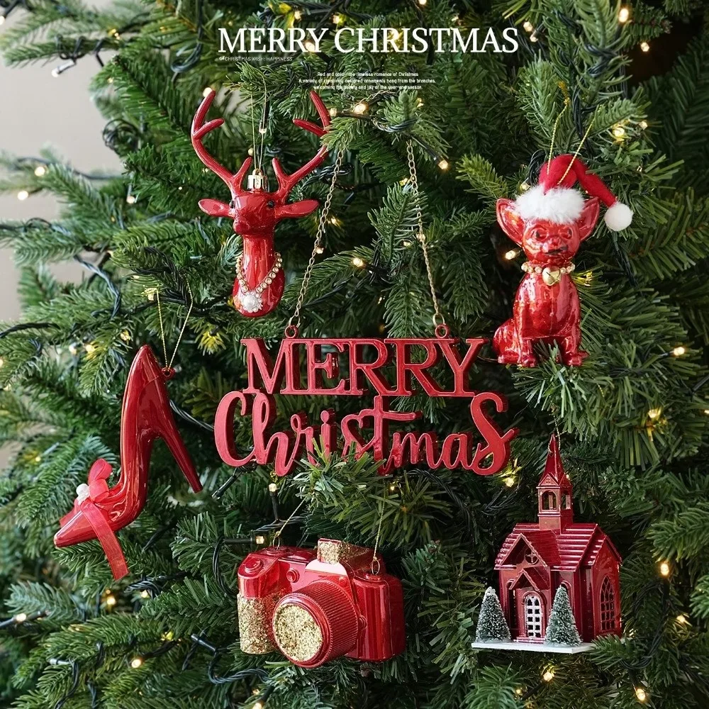 Bright Red Christmas Tree Ornament Elk Dog Camera House High Heel Plastic Made Plastic Hanging Pendant Hanging Cord Included