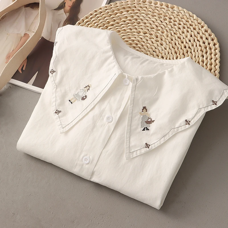 Outono dos desenhos animados menina bordado peter pan colarinho blusa topos roupas femininas camisa branca de manga comprida camisas e blusas de algodão u361