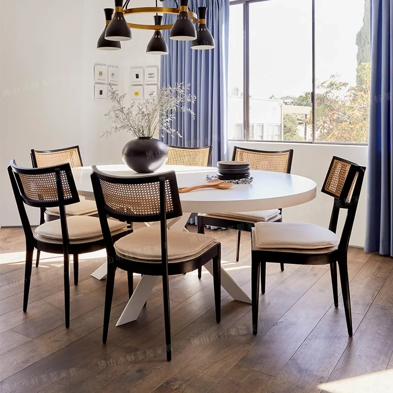 Nordic solid wood rattan dining table and chairs home living room retro backrest chair casual simple modern book table chair