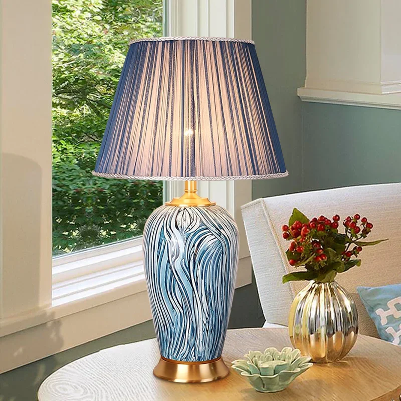 SANDYHA Ceramic Table Lamp Bedroom Bedside Night Stand Led Light Living Room Study Indoor Lighting Fixtures Blue Stripe Design