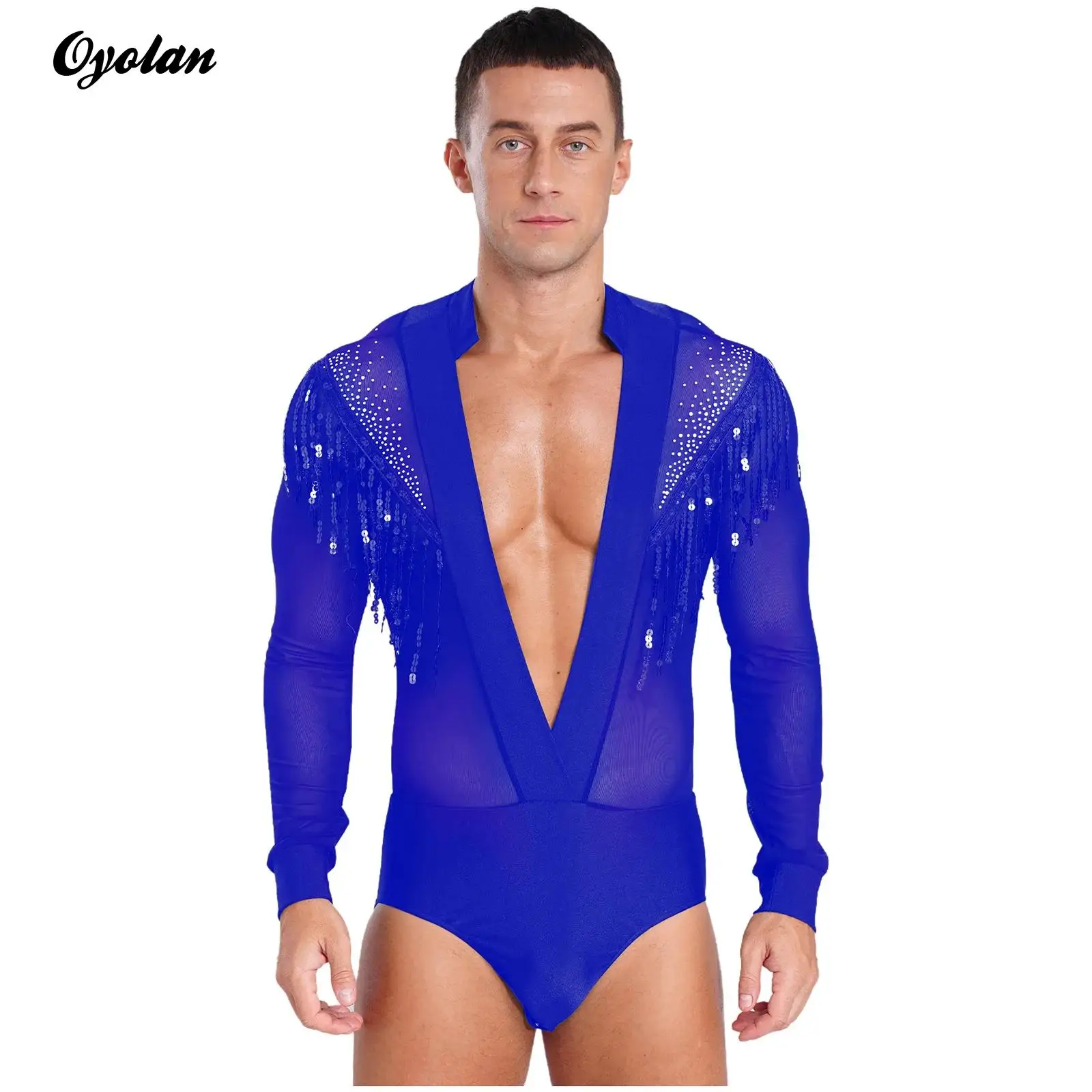 Mens Latin Tango Dance Leotard Performance Costume Deep V-neck Sheer Mesh Sequined Tassels Rhinestones Bodysuit Shirt Tops