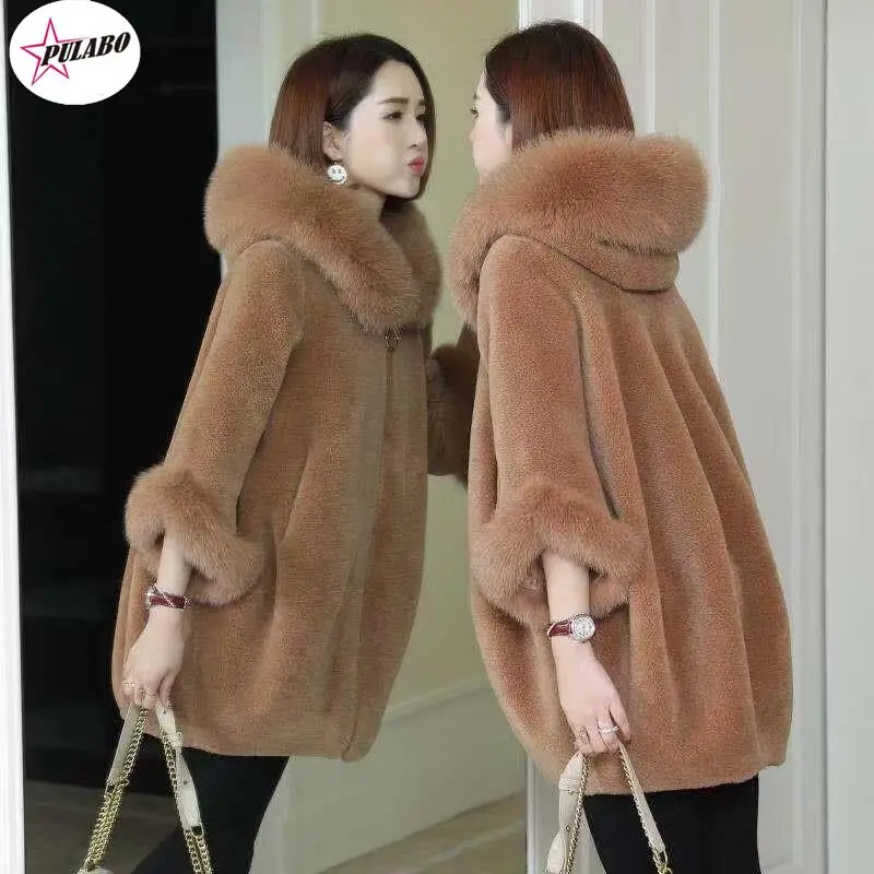 

PULABO Winter Clothing Imitate Fur Coat Female Mid-length Imitate Fox Fur Collar Hooded Imitate Sheep Shearing Women Coat