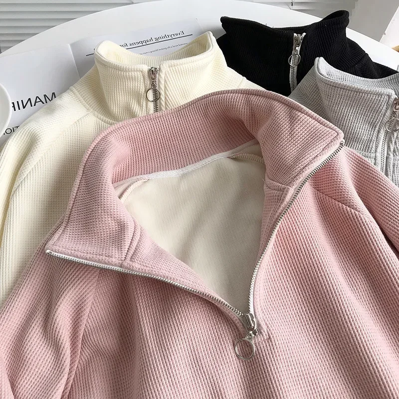 

Autumn Winter Korean Fashion Warm Fleece Hoodies Women Loose Sweatshirts Half Zipper Pullover Thick Solid Tops Y2k Streetwear