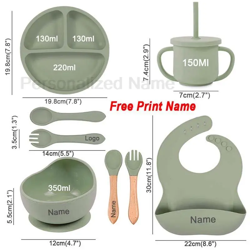 8Pcs Baby Silicone Feeding Set Round Dining Plate Sucker Bowl Dishes For Kids Personalized Name Children\'s Tableware Straw Cup