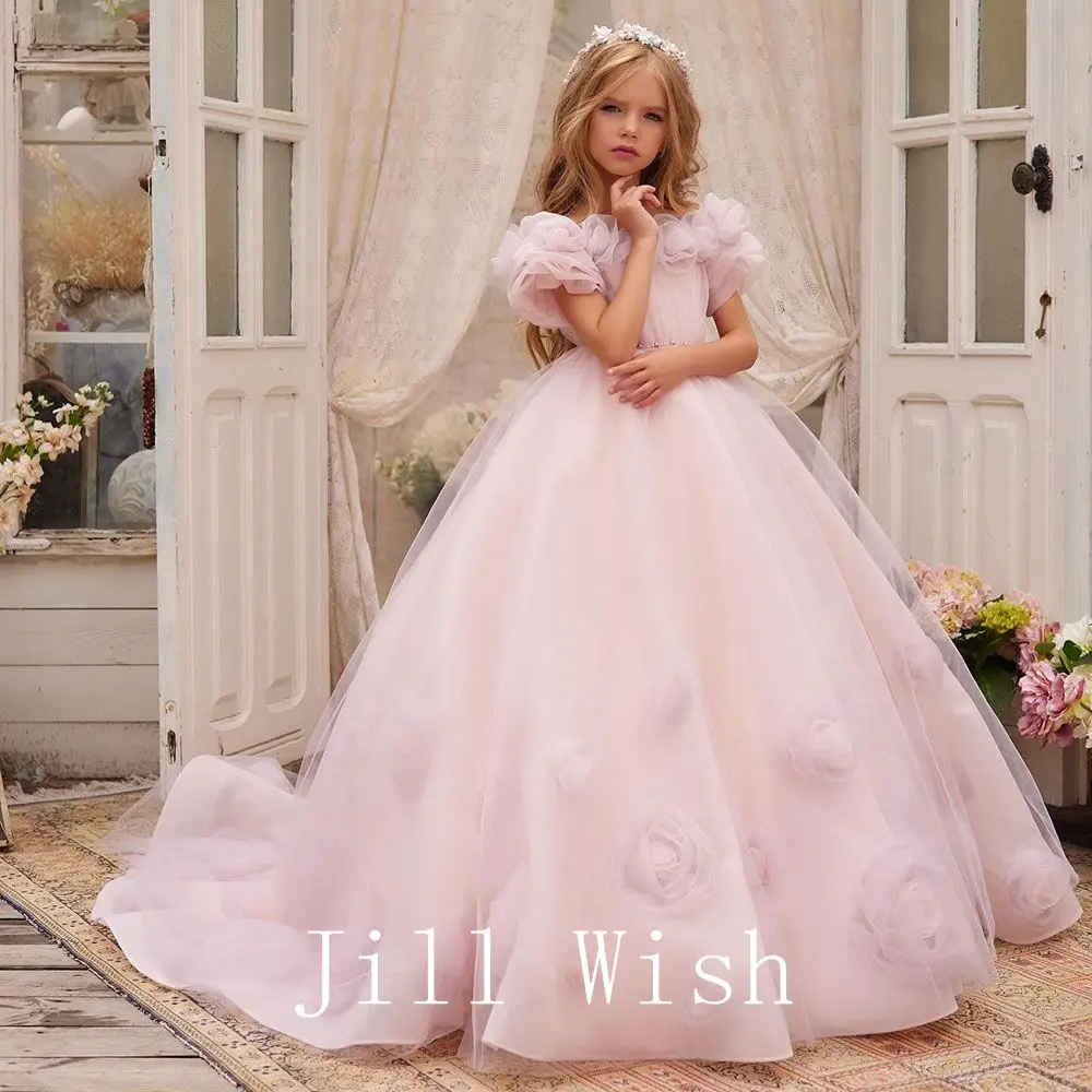 

Jill Wish Luxury Arabic Pink Girl Dress Handmade Flowers Princess Gown Kids Wedding Birthday Communion Party Quinceañera J150