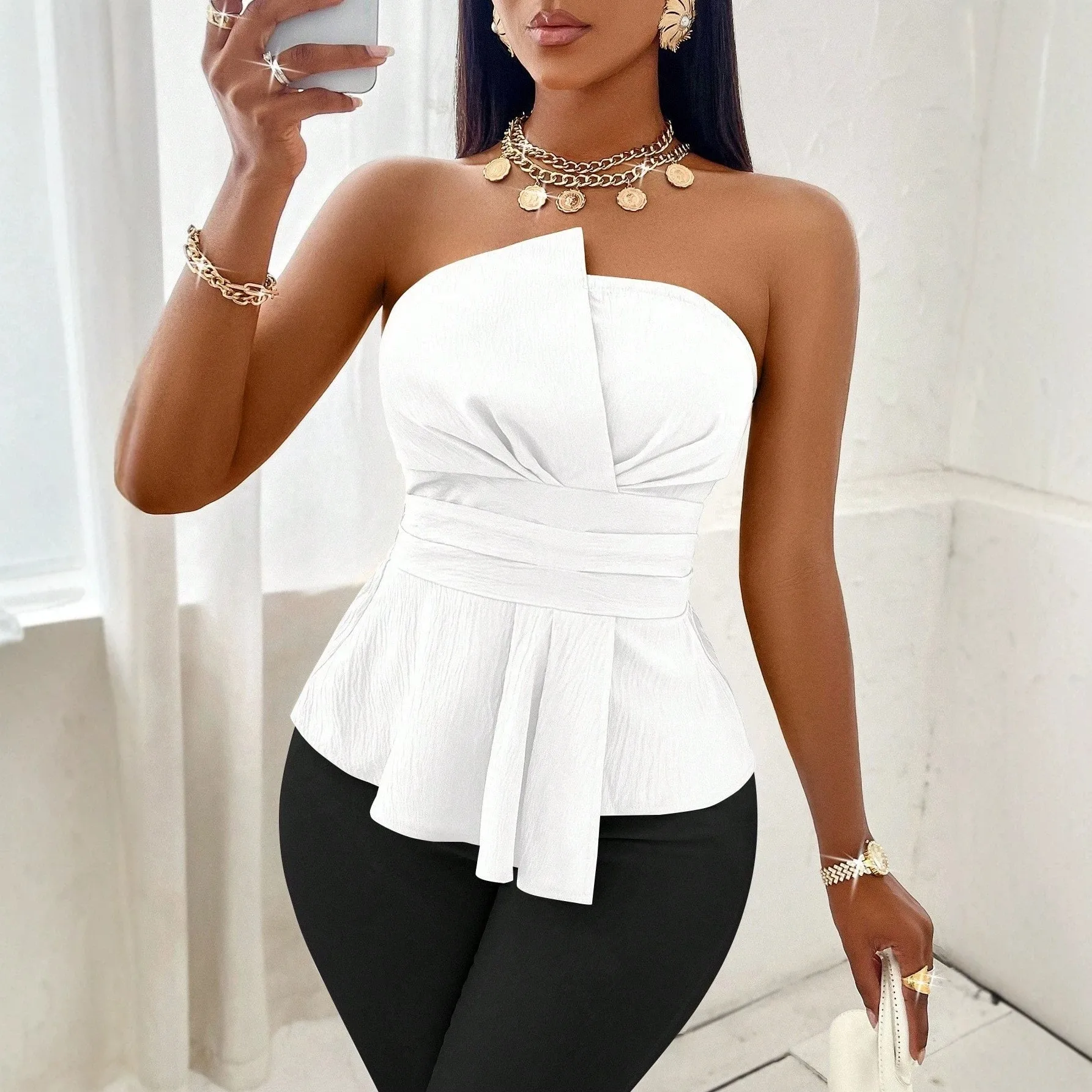 Blusa de Verano para Mujer, sin Hombros, sin Mangas, Color Sólido, Blanca, Verde Lima, Tejida, sin Tirantes, con Peplum y Cintura Fruncida