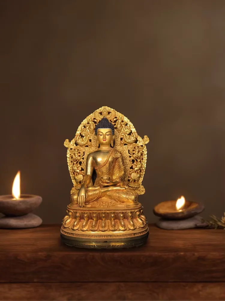 Old Bronze Gilded Painted Face Cinnabar Shakyamuni Sitting Buddha Beast texture backlight Lotus Buddha Terrace